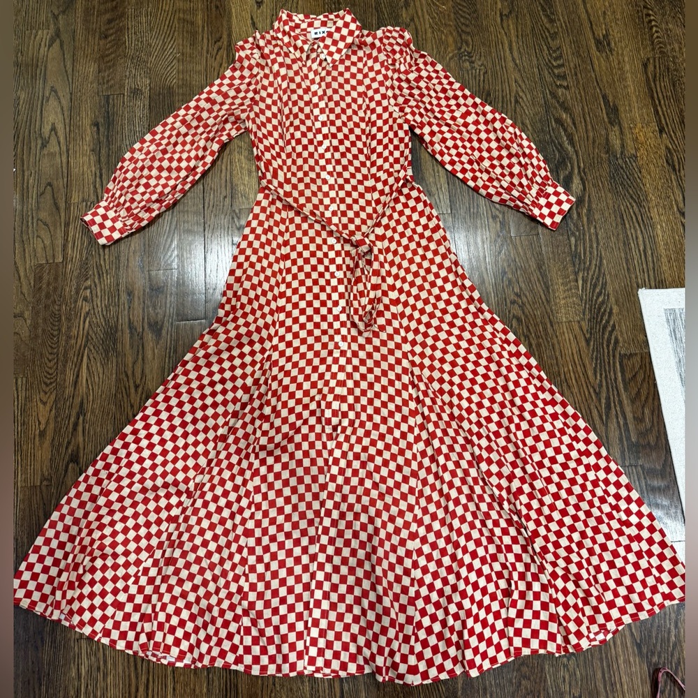 RIXO Maddison Checkered Long Sleeve Maxi Dress in Red Size XS